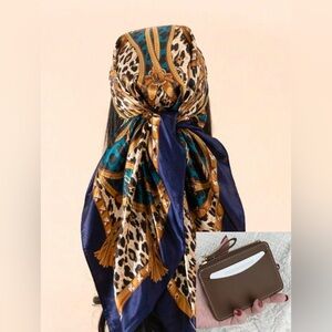 Leopard & Floral Print Scarf and Brown Wallet Set